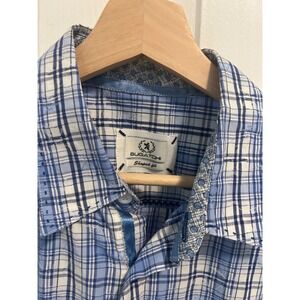 BUGATCHI Men's Short Sleeve Plaid Shaped Fit Button Down Shirt Blue White